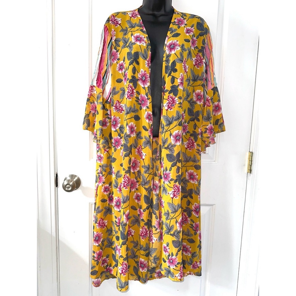 Grace & Emma Yellow Floral Boho Duster Kimono Shawl